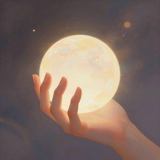 Photograph of a glowing, illuminated hand holding a radiant, white sun against a dark, starry background, with subtle cosmic textures.