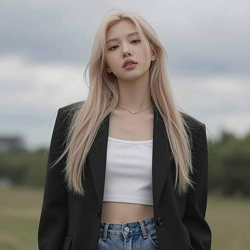 Photograph of a blonde woman with long hair, wearing a black blazer over a white crop top and blue jeans, standing outdoors with a cloudy sky