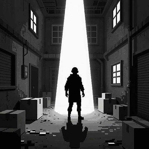 Pixel art of a silhouetted figure standing in a dark, narrow, industrial room with a bright white light streaming in from above.
