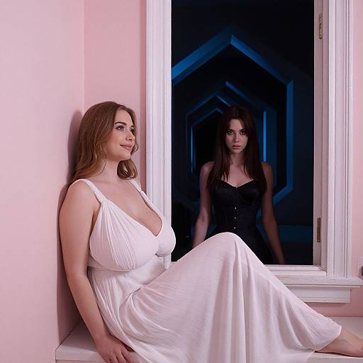 Photograph of a fair-skinned woman with long auburn hair in a white, low-cut dress, sitting by a window, reflecting her shadow