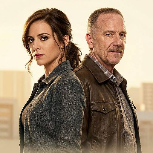 Photograph of a serious brunette woman in a dark jacket and a middle-aged man with gray hair in a brown jacket, standing back-to-back with a