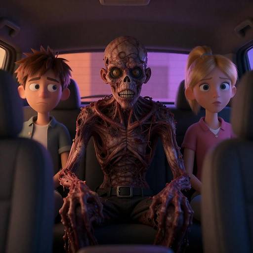 Zombie and Kids in Dimly Lit Car