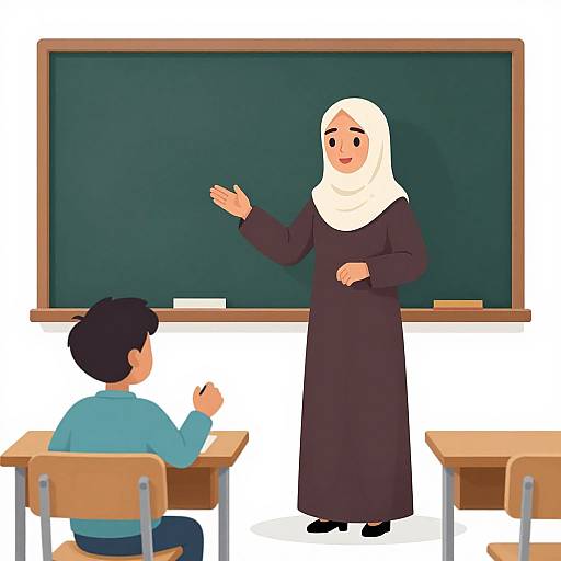 Illustration of a female teacher in a black hijab and robe, standing before a green chalkboard, teaching a boy in a classroom.