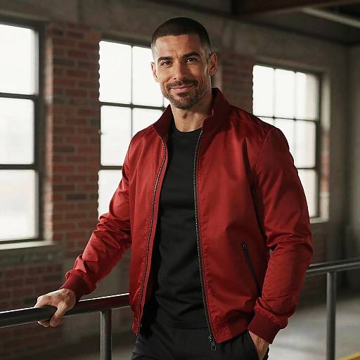 Photograph of a bearded man with short dark hair, wearing a red bomber jacket over a black shirt, standing in an industrial brick-walled room