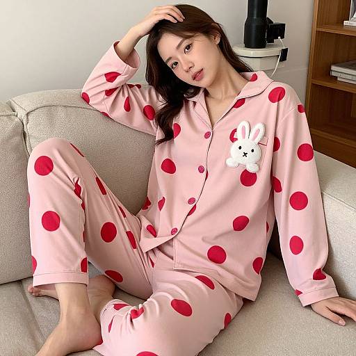 Photograph of an Asian woman with long black hair, wearing pink polka dot pajamas with a white bunny patch, lounging on a beige couch