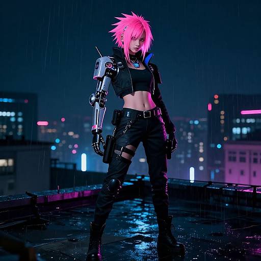 Cyberpunk neon-lit city rooftop at night; pink-haired woman with robotic arm, black crop top, pants, and gloves, standing confidently in