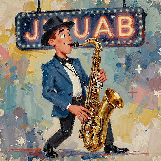 Vibrant Jazz Saxophonist Under Nightclub Sign