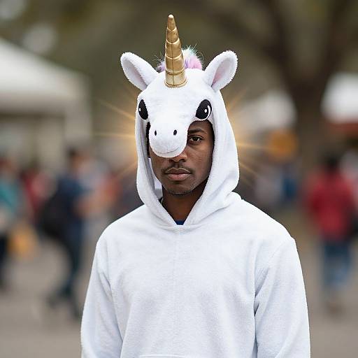 Photograph of a serious Black man wearing a white unicorn hood with a gold horn, standing in a blurred, outdoor urban setting.