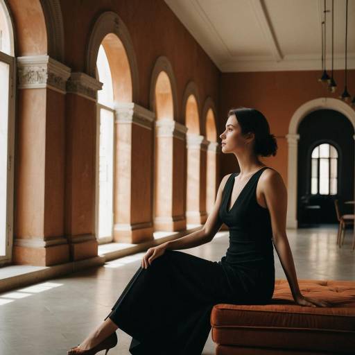 Elegant woman in black dress sitting by arched windows