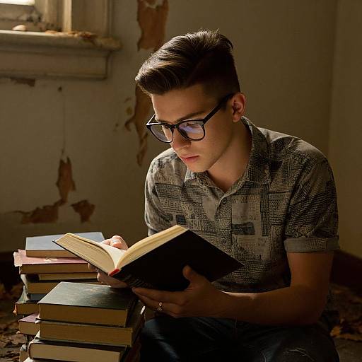Young Man Reading in Abandoned Room