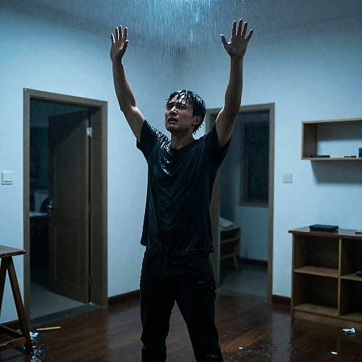 Man in Rain Indoors Raising Arms