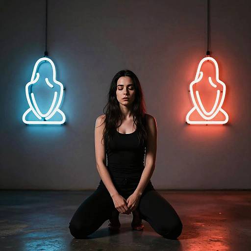 Photograph of a pale-skinned woman with long black hair, kneeling in front of two neon signs: blue on left, red on right, wearing
