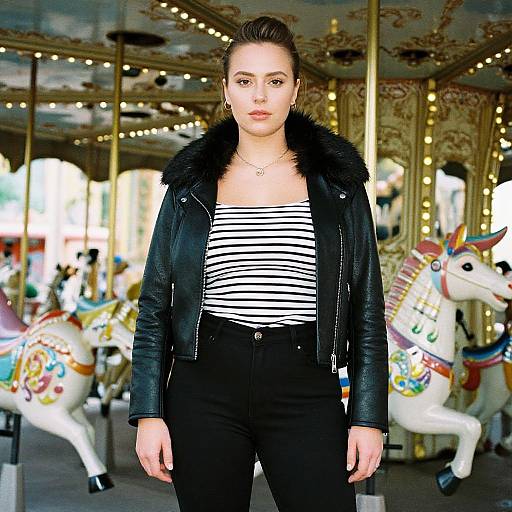 Photograph of a young woman with light skin and brown hair in a bun, wearing a black leather jacket, striped top, and black pants, standing