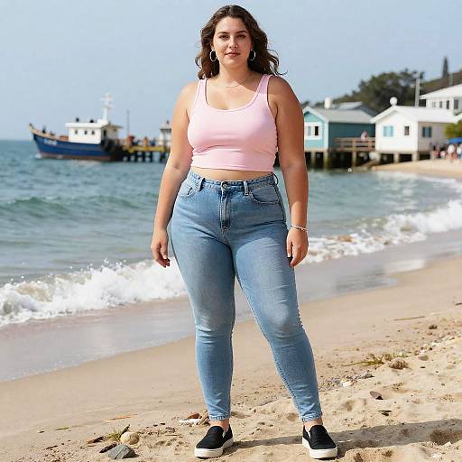 Plus-Size Woman on Fishing Village Beach