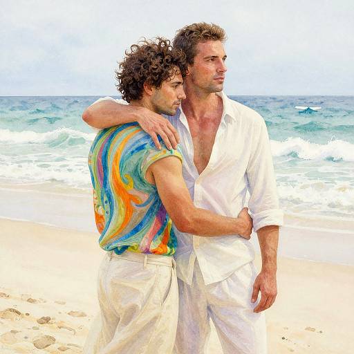 Photograph of two men standing on a beach, one in a colorful striped shirt, the other in a white shirt, embracing, ocean waves in background