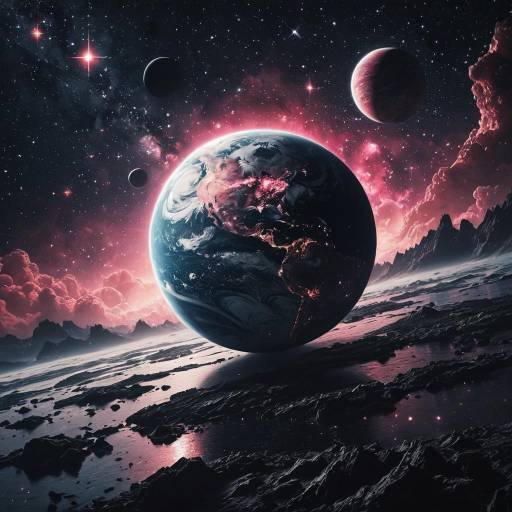 Marble-like Water Planet in Pink Cosmic Nebula