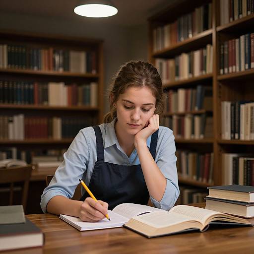 Photograph of a focused young woman with brown hair, wearing a light blue shirt and black apron, writing in an open book at a library table