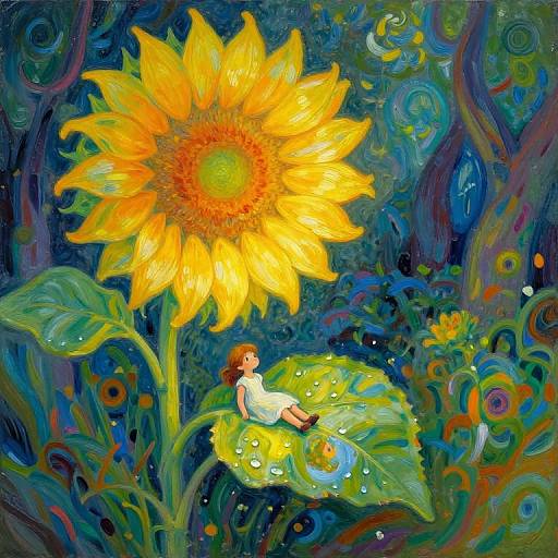 Vibrant, surreal painting of a girl in a white dress sitting on a large sunflower leaf, surrounded by swirling, colorful foliage.
