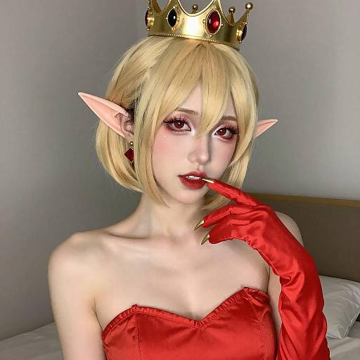 Elf Cosplayer in Red Regal Attire