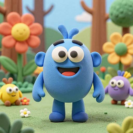 CGI cartoon image of a blue, round, smiling character with large eyes, standing in a colorful forest filled with flowers and other whimsical creatures.