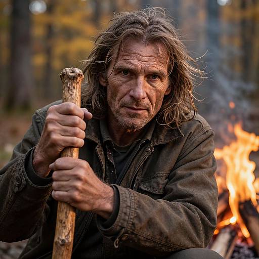 Photograph of a rugged, middle-aged man with long, unkempt hair, holding a wooden staff, sitting by a bright forest campfire. W