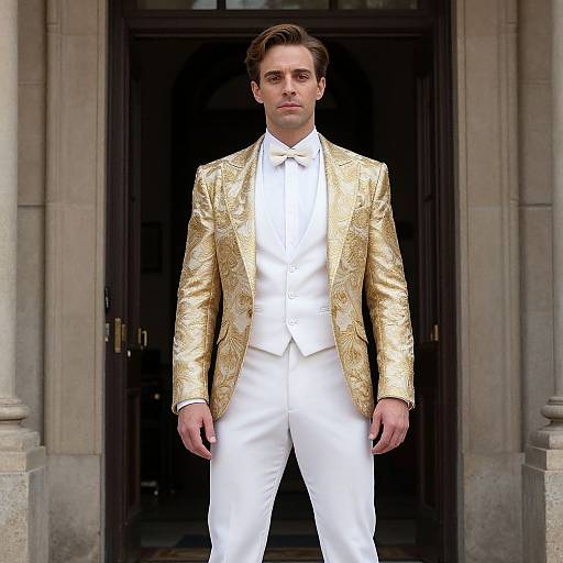 Photograph of a handsome man in a gold embroidered tuxedo with white shirt and bow tie, standing in front of a dark doorway.