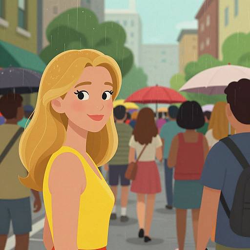 Digital illustration: Blonde woman with fair skin and a yellow tank top stands in a rainy city street, surrounded by diverse pedestrians with umbrellas.