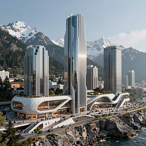 Photograph of a modern, futuristic cityscape with sleek, curved skyscrapers, a distinctive white, flowing building, and snow-capped mountains in