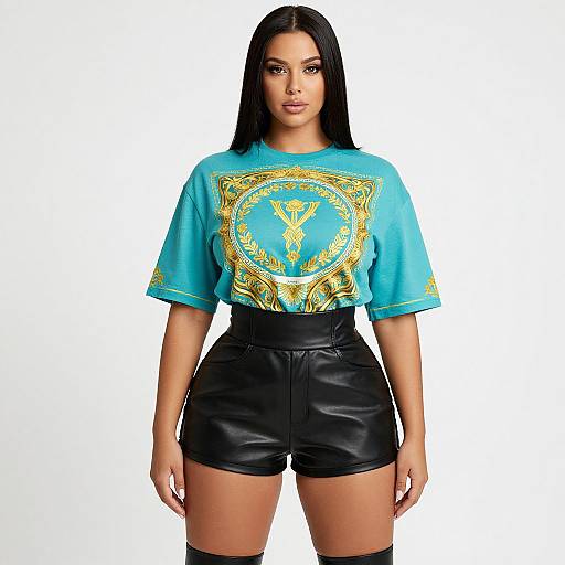 Photograph of a woman with long black hair, wearing a blue T-shirt with gold pattern, black leather high-waisted shorts, and black thigh