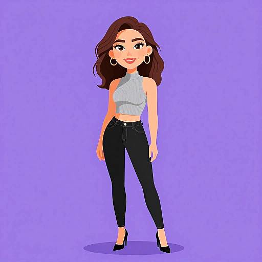 Digital illustration of a smiling woman with long brown hair, wearing a white crop top, black jeans, black high heels, and large hoop earrings, set