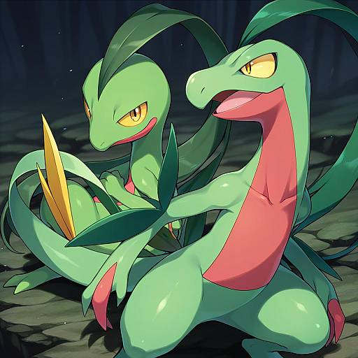 Illustration of Grovyle, pokemon in the style of Masuishi kinoto