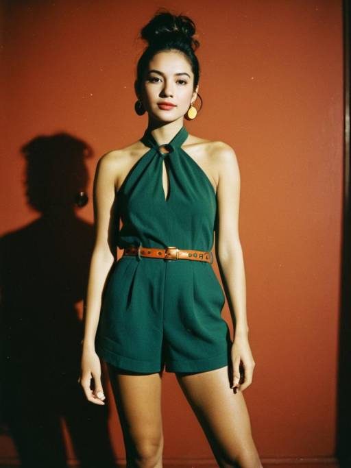 Chic Woman in Olive Green Playsuit