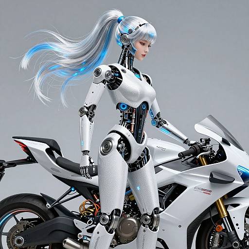 CGI image of a futuristic, white, robotic woman with blue accents, long silver hair, and cybernetic features, standing beside a white sport