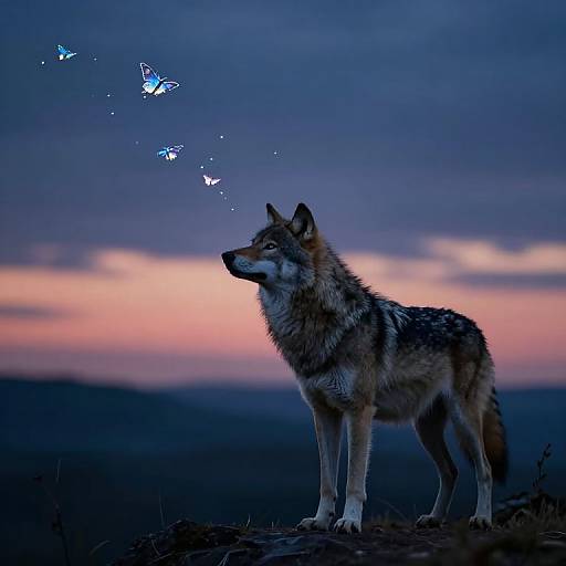 Wolf Watching Luminous Moths at Twilight