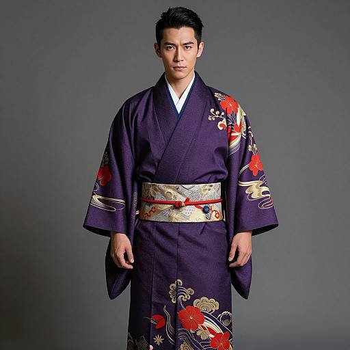 Photograph of an Asian man in a dark purple kimono with red, gold, and white floral patterns, standing against a gray background.