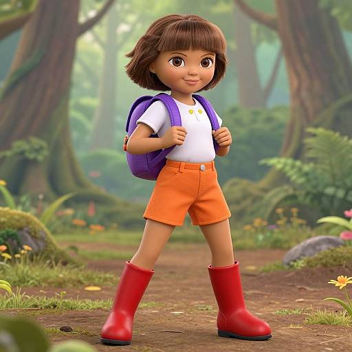 Digital 3D art of a smiling brown-haired girl with large eyes, wearing a white shirt, orange shorts, red boots, and purple backpack,