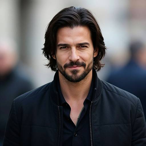 Photograph of a handsome man with medium-length dark hair, beard, and mustache, wearing a black jacket, standing in a blurred urban background.