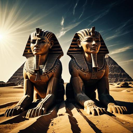 Twin Sphinx Statues in Desert with Pyramids Twin Sphinx Statues in Desert with Pyramids