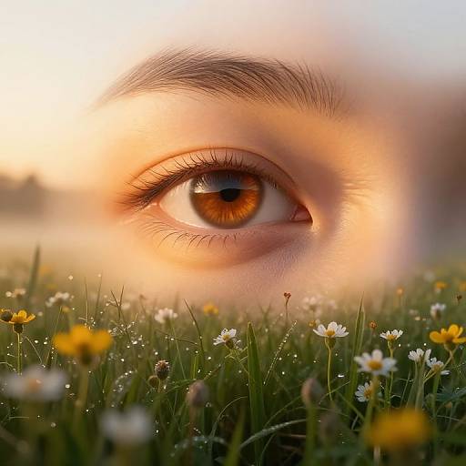 Photograph of a close-up human eye with orange-brown iris, surrounded by blurred, sunlit meadow with white and yellow wildflowers.