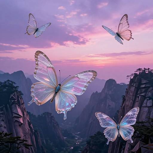 Translucent Butterflies Over Twilight Mountains