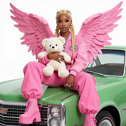 Photograph of a Black woman with pink angel wings, blonde braids, pink outfit, and boots, sitting on a green car, holding a white