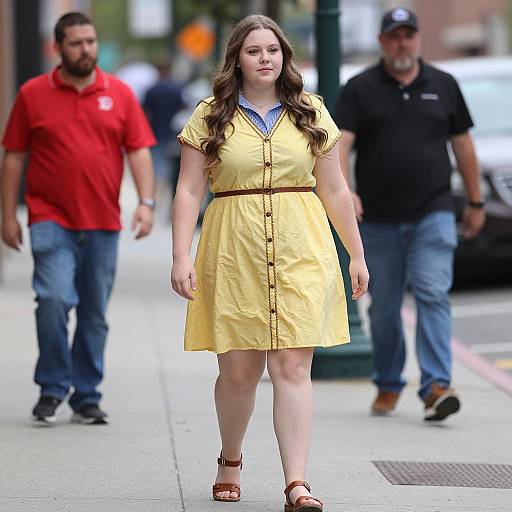 Plus Size Woman in Yellow Dress Walking on Sidewalk