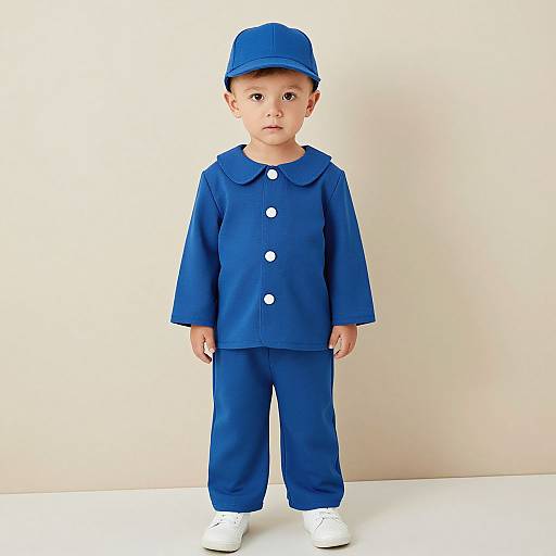 Photograph of a young Asian boy wearing a royal blue outfit with a matching cap, white buttons, and white sneakers, standing against a plain beige background