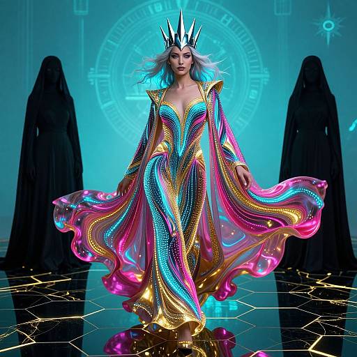 Regal Futuristic Queen in Neon Robe