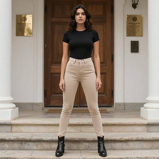 Photograph of a young woman with curly dark hair, wearing a black t-shirt, beige skinny jeans, and black ankle boots, standing confidently in front