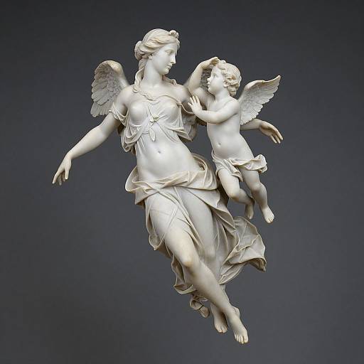 Photograph of a white marble statue depicting an angelic woman with wings and a cherub, floating against a dark blue background. The cherub rests