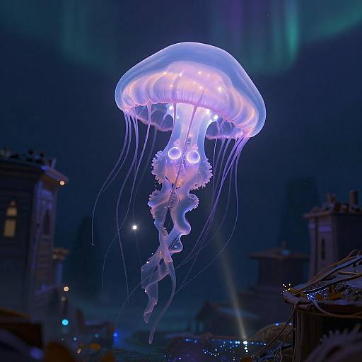 Photograph of a glowing, purple-hued jellyfish with translucent tentacles and bioluminescent rings, floating against a dark, cityscape background