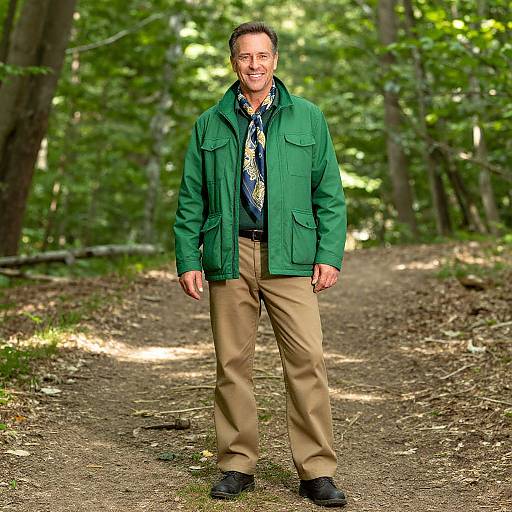 Photograph of a smiling middle-aged man in a green jacket, patterned tie, beige pants, and black shoes, standing on a forest path.