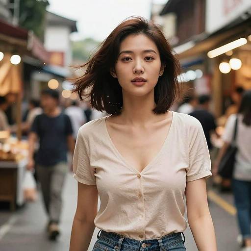 Photograph of an Asian woman with shoulder-length brown hair, wearing a white button-up shirt and blue jeans, walking through a bustling outdoor market at dusk