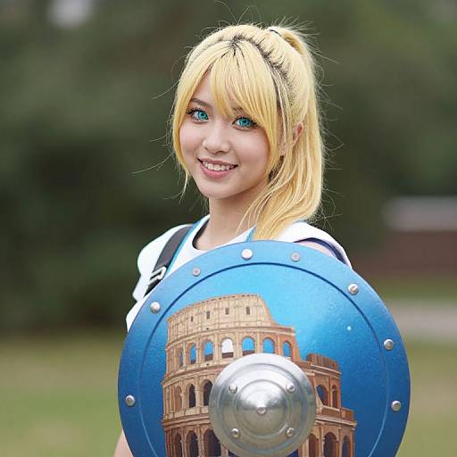 Photograph of a smiling blonde cosplayer with blue eyes, wearing a white top, holding a blue shield with a Roman Colosseum image,